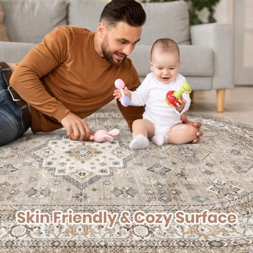 cotiled 6x9 Ellipse Area Rug for Living Room, Washable, Traditional, Beige - Image 4