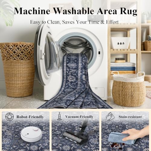 Washable 6x9 Bedroom Non-Slip Area Rug Boho Denim Blue Large Carpet - Image 5