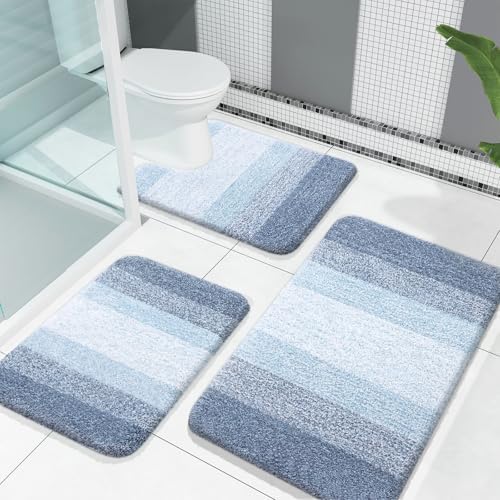 OLANLY Microfiber Bathroom Rugs Sets 3 Piece, Absorbent Bath Mats, Blue by OLANLY