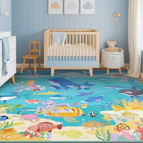 Blue Ocean Themed Rug for Kids Room – 5x8 Underwater Area Rug with Sea Creatures & Mermaid, Washable Non Slip Crawling Carpet for Bedroom or Playroom - Image 2