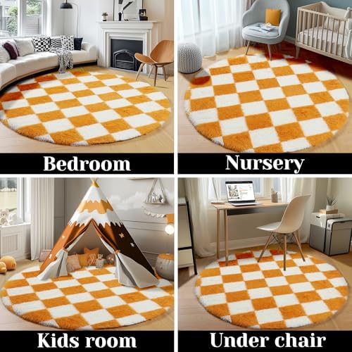 KICMOR Round Rugs 5ft Orange and Cream White Circle Area Rug, Fluffy Soft Fuzzy Shag Shaggy Bedroom Living Room Carpet, Indoor Checkered Circular Rug for Kid Boys Girls Home Decor Aesthetic, Nursery - Image 5