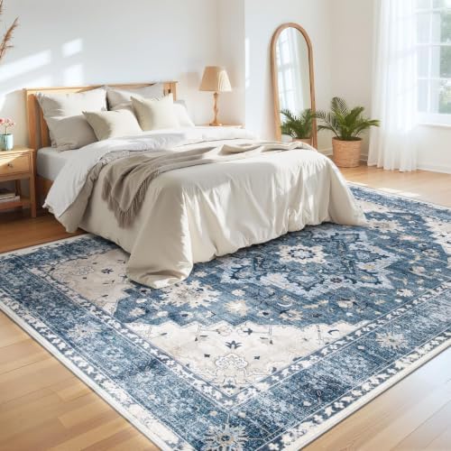 Area Rug 9x12 Vintage Rug: Large Washable Indoor Medallion Rugs Low Pile Distressed Floor Carpet Retro Accent Rug for Living Room Bedroom Kitchen Dining Table Home Office(Blue, 9'x12') - Image 4