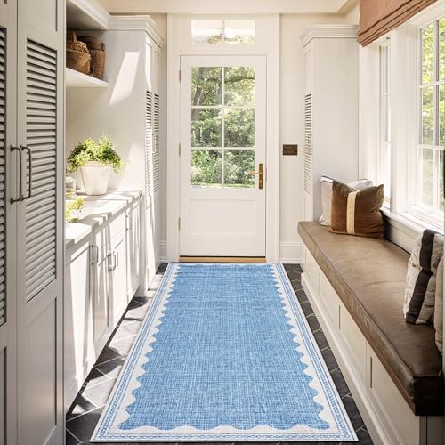 GarveeHome 2.5x8 Runner Rug for Hallway Washable Kitchen Rugs Non Slip Solid Blue Modern Minimalism Soft Low-Pile Scalloped Indoor Carpet for Entryway Laundry Room Floor Mats - Image 3