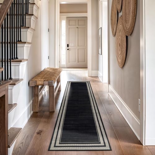 Rugshop Striped Border Machine Washable Non-Slip Runner Rug, 2'x10' Black - Image 6