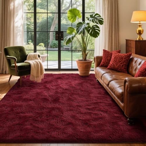 Area Rugs for Living Room, 5x7 Feet Soft Fluffy Shagg Plush Rug High Pile Large Indoor Modern Non-Slip Floor Carpet for Bedroom Nursery Girls Kids Home Room Dorm Decor Aesthetic Burgundy by Cuzwlovita