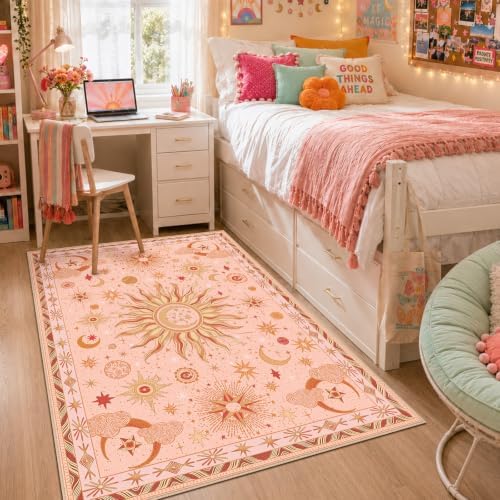 Vacuum-Friendly, 4x6 Washable Area Rug, Pink Gold Beige Red by meejou