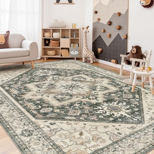 Area Rug for Living Room - 6x9 Washable Oriental Vintage Floral Large Soft Carpet - Fade Stain Resistant Non Slip Rugs for Bedroom Dining Room Nursery Dorm Office Home Decor - Vintage Green - Image 6