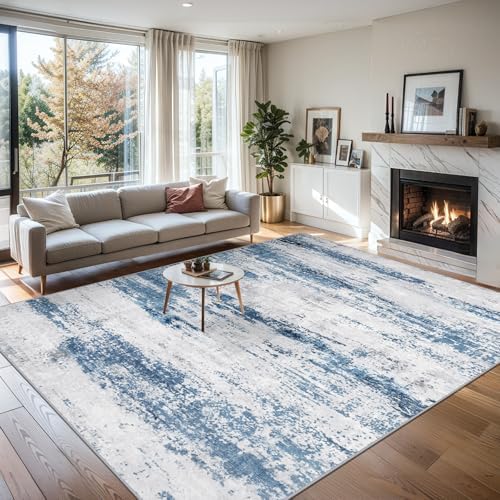 PLHXFR 10x12 Area Rug Living Room: Abstract Washable Carpet White Blue - Image 3