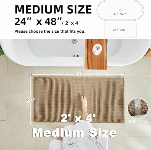 TYUU Waffle Bath Mat, Boho Bathroom Rugs Non Slip Washable, 48x24 Khaki - Image 2