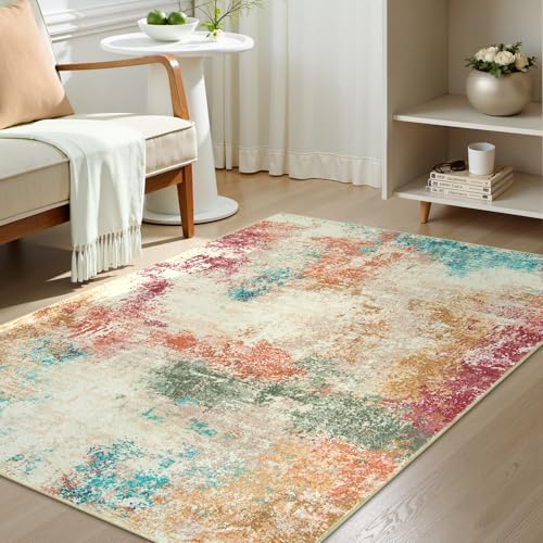 Lahome Abstract Kitchen Rugs Washable, 3x5 Ultra Thin Soft Small Area Rug for Living Room Non-Slip, Low-Pile Indoor Modern Colorful Bedroom Throw Carpet for Entryway Office Bathroom by Lahome