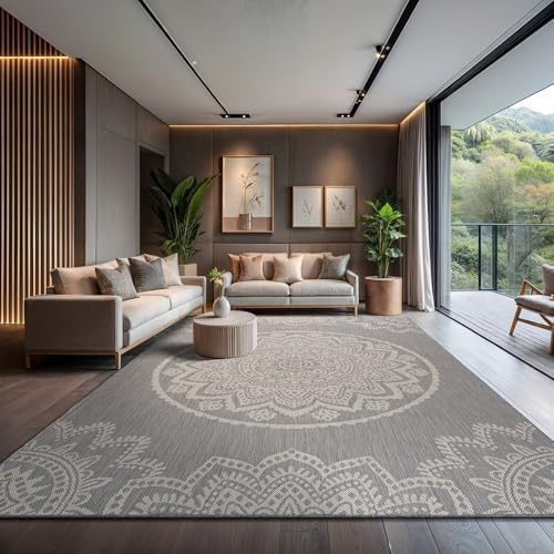 CAMILSON Outdoor Rug 10x14 Modern Area Rugs for Large Indoor and Outdoor Patios and Porches - Waterproof Washable Non-Shedding Easy-to-Clean Outside Carpet (10 x 14, Medallion - Grey/White) by CAMILSONIndoorOutdoorAreaRugs
