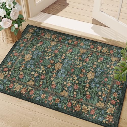 DUKINO 2x3 Entryway Rug, Washable Vintage Floral Area Rug, Green by DUKINO