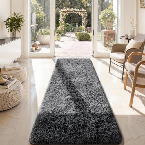 Ophanie 2x8 Runner Rug for Hallway, Upgrade Non-Slip Fluffy Soft Bedside Rugs, Bedroom Living Room Grey Shaggy Gray Carpet for Kids Dorm Home Decor with Over 99 pcs Pile fibers - Image 2