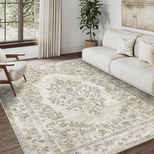 PureCozy 6x9 Washable Area Rug Living Room Cream Beige Vintage Large Carpet by PureCozy