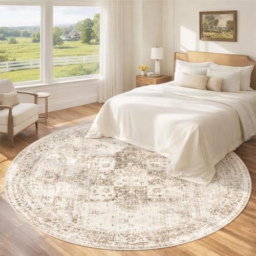 Round Rugs 6ft Washable Rug, Vintage Boho Medallion Rugs Non-Slip Soft Low Pile Circle Distressed Rug Indoor Retro Carpet for Living Room Bedroom Dining Room Home Office (Brown, 6' Round) - Image 3
