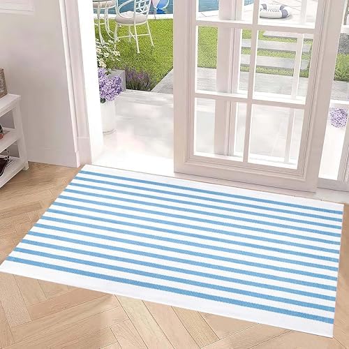 Light Blue White Outdoor Rug 2'x4.3',Striped Front Porch Rug Machine Washable Front Door Mat Entryway Throw Rug for Front Porch Indoor Outdoor Doormat by BUAGETUP