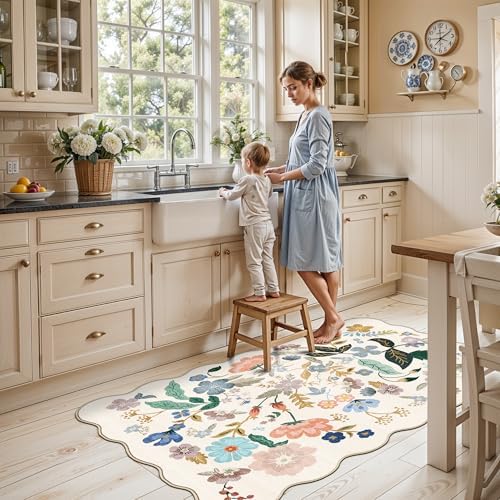 Washable 3x5 Entryway Area Rugs: Ultra Soft Floral Carpet for Kitchen Nursery Indoor Light-Weight Doormat Anti-Slip Elegance Rug for Living Room Bedroom Small Foldable Vintage Floor Mat(3x5,Cream) - Image 5