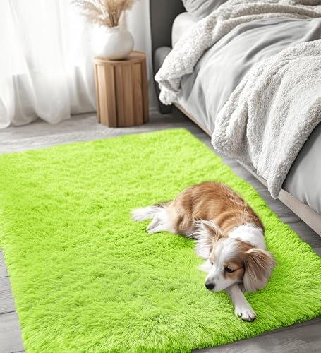 OLANLY 3x5 Machine Washable Small Bedside Rug, Soft Fluffy Shaggy Rugs for Living Room, Bedroom, Indoor Floor Carpet for Kids Girls and Boys, Preppy Dorms, Nursery, Home Decor Aesthetic, Lime Green - Image 5