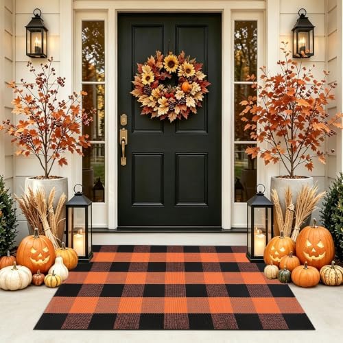 Fall Door Mat Orange and Black Plaid Rug Autumn Halloween Thanksgiving Rug by CAINANEL