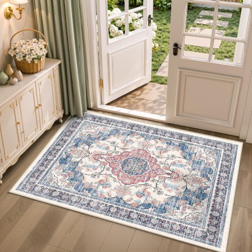 2x3 Boho Washable Entryway Area Rugs, Small Non Slip Door Mat, Retro Blue