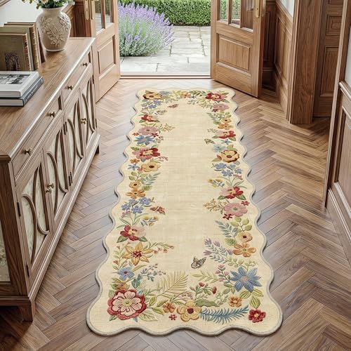 FMFUNCTEX 2x5 Hallway Runner Rug Washable Beige Floral Vintage Scalloped by Fmfunctex