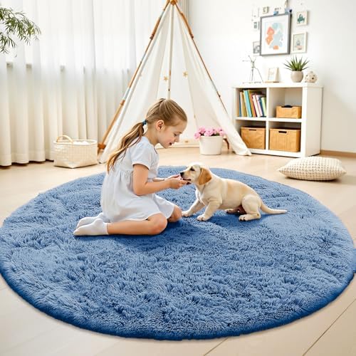 OLANLY Blue Round Rugs for Bedroom - Machine Washable, 5 ft Circle Area Rugs for Living Room, Soft and Fluffy Shaggy Carpet for Teen Girl and Boys, Nursery Rooms, Dorms, Home Decor Aesthetic - Image 2