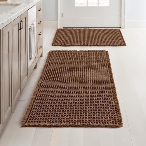 MIULEE Set of 2 Waffle Bathroom Rugs Boho Bath Mat Mocha 17"x24"+20"x32" by MIULEE