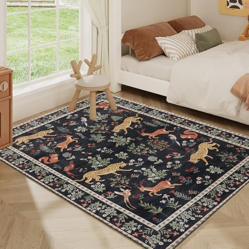 9x12 Black Animal Washable Area Rug for Living Room, Vintage Print - Image 6