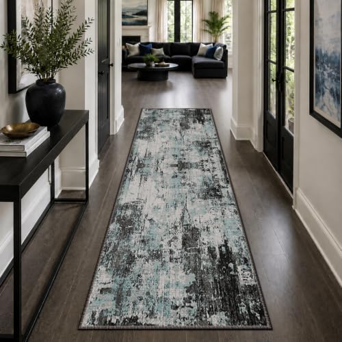 RELEANY Washable Runner 2'x8' Abstract Area Rug for Hallway Teal Black by RELEANY