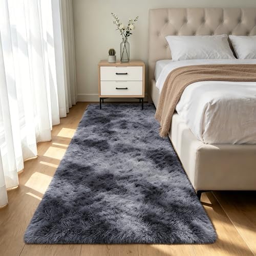 Shag Runner Rug for Bedroom Living Room 3x7 Upgrade Non-Slip Fluffy Soft Bedside Rugs,Shaggy Mottling Black Gray Carpet for Livingroom Dorm Home Decor Aesthetic by Boshengya