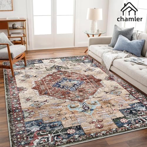 chamler 9x12 Washable Area Rug Boho Chic Medallion Distressed Design Non-Shedding Easy Care Ideal for High Traffic Areas in Rugs for Living Room Bedroom Office Coffee Table Large Carpet - Image 2