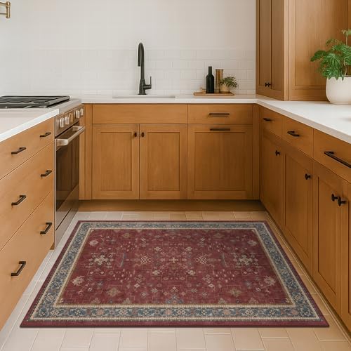 Washable 3x6 Entry Way Rugs Indoor - Burgundy Large Kitchen Rug, Non Slip Unique Bohemian Red Low Pile Thin Carpet for Bedroom Bedside, Foyer - Image 3