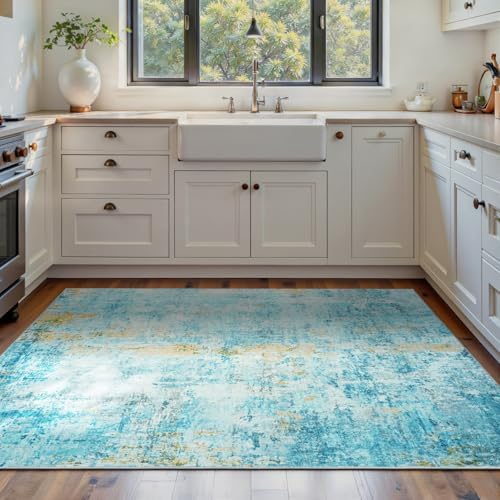 Ompaa Living Room Rug 5x7 Teal Blue Area Rug Machine Washable Boho Rug Non Slip Abstract Vintage Indoor Large Rugs for Bedroom, Classroom, College Dorm, Farmhouse, Dining Room, Kids Playroom - Image 3