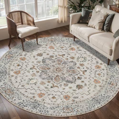 Tangsoo Washable Round Area Rugs 5ft, Vintage Non Slip Circle Rug Low Pile - Image 4