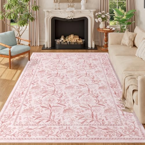 DUKINO 6x9 Area Rug Vintage Floral Washable Rugs for Living Room Light Pink by DUKINO