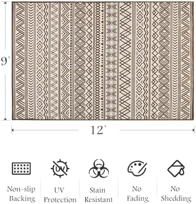 Outdoor Rug Carpet 9x12 ft, Flatweave Textured Outdoor Patio Rug Non Slip Indoor Outdoor Rugs with Rubber Particles Backing Boho Outdoor Area Rug for Patio Deck Front Porch Backyard Balcony, Brown - Image 2