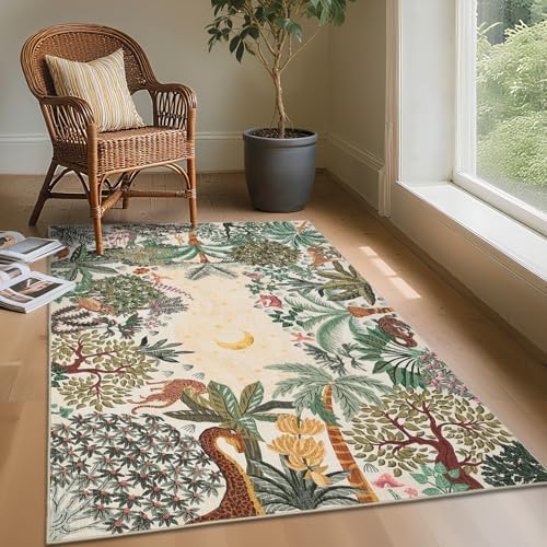 GarveeHome 3x5 Washable Area Rug for Bedroom, Jungle Animal Soft Tiger Rug Non Slip Low Pile Beige Carpet Stain Resistant Throw Rug for Bedside Kids Room Office Dining Room by GarveeHome