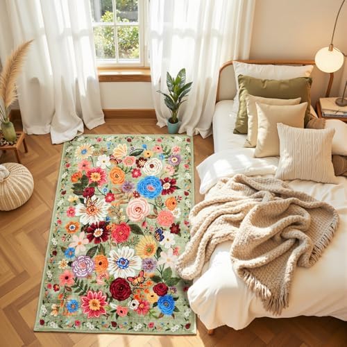 Green Floral Area Rug 3x5 for Bedroom Entryway - Image 2