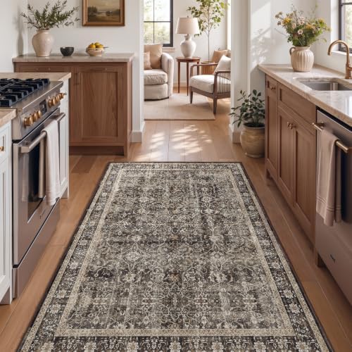 Washable Area Rug 4'x6' Living Room, Vintage MCM, Black/Brown/Beige - Image 4
