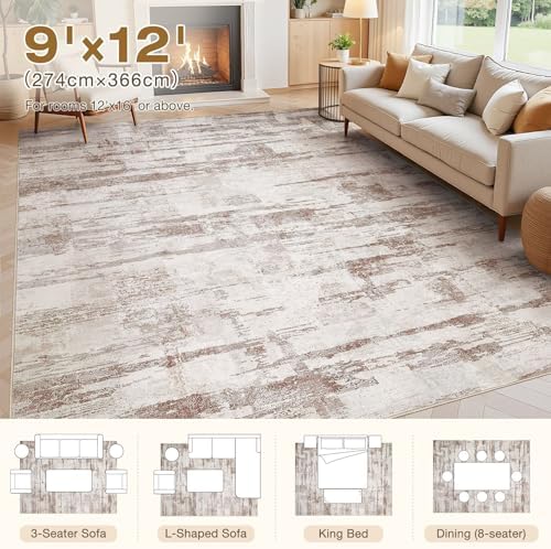 kakania Abstract 9x12 Area Rugs for Living Room: Washable Rugs Light Brown - Image 2