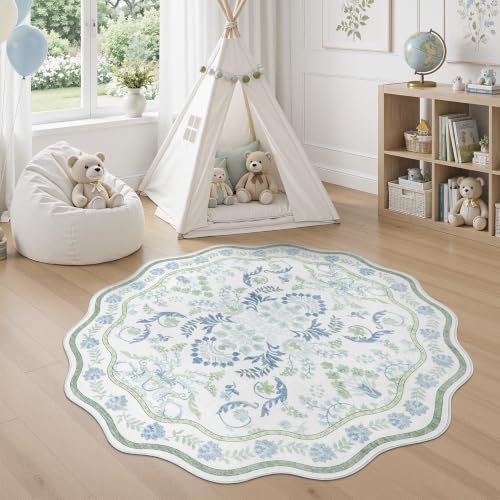 DCX Blue and Green 4x4 Rug, Washable Botanical Scalloped Round Rug - Image 2