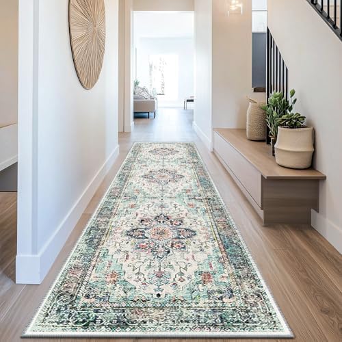 BESTSWEETIE 2x8 Area Rug Washable Rugs for Living Room, No Pile Boho Carpet for Entryway Bedroom Dinning Room, Vintage Carpet Print Distressed Non-Slip, 2 x 8 ft, Multi Navy Teal by BESTSWEETIE