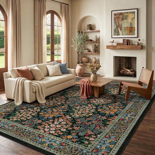 6x9 Area Rugs, Washable Floral Area Rugs for Living Room, Indoor Area Rug for Bedroom, Dining Room, Low Pile Non-Slip Non Shedding Rug(Black Floral) by Yarooge