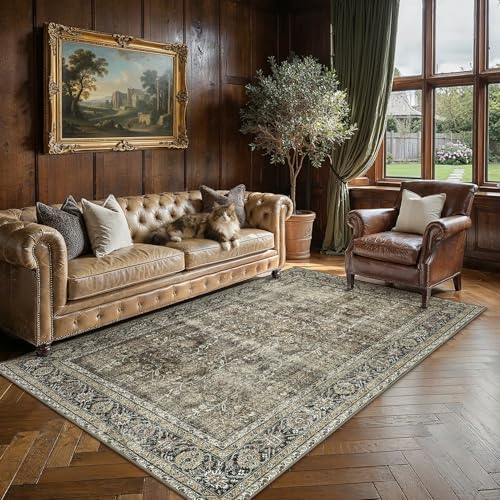 PureCozy 5x7 Washable Area Rug Brown Non Slip Soft Vintage Low Pile Carpet by PureCozy