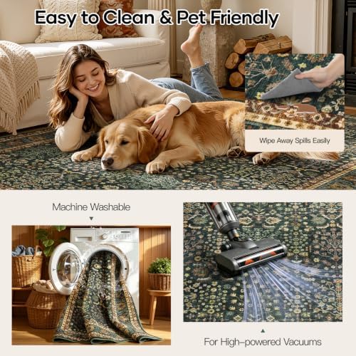 Lofus 7x9 Washable Area Rug for Living Room, Non-Slip Green Boho Carpet - Image 4