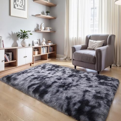 3x5 Thick Tie-dye Dark Grey Fluffy Shag Rug for Bedroom, Washable Carpet by KICHOWUA