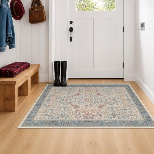 Traditional Washable 3x4 Entryway Rug, Mudroom Indoor Entrance Door Mat, Non-Slip Kitchen Floor Rug with Rubber Backing, Stain and Fade Resistant, Oriental Bird Pattern & Red Blue Floral Design - Image 3