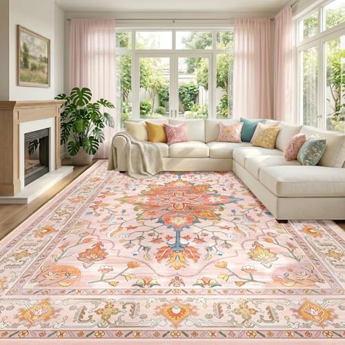RELEANY Washable Area Rug, Large 10'x12', Pink/Light Pink/Colorful by RELEANY