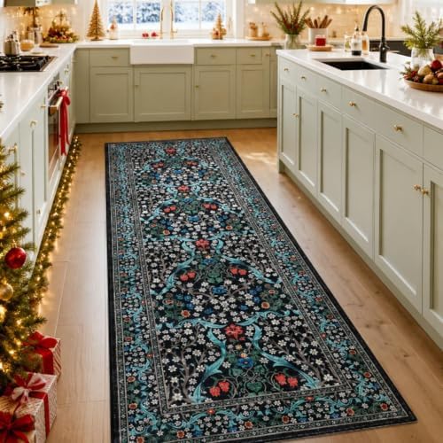 GarveeHome Black Floral 2x6 Washable Kitchen Runner Rug by GarveeHome
