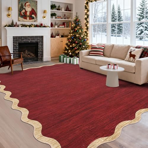 GarveeHome Christmas Scalloped Washable 6x9 Area Rugs Non-Slip Living RoomRugs Soft No-Shedding Bedroom Rug, Easy to Care, Foldable Christmas Decor Rug for Dining Room Nursery Laundry Bedroom, Red by GarveeHome